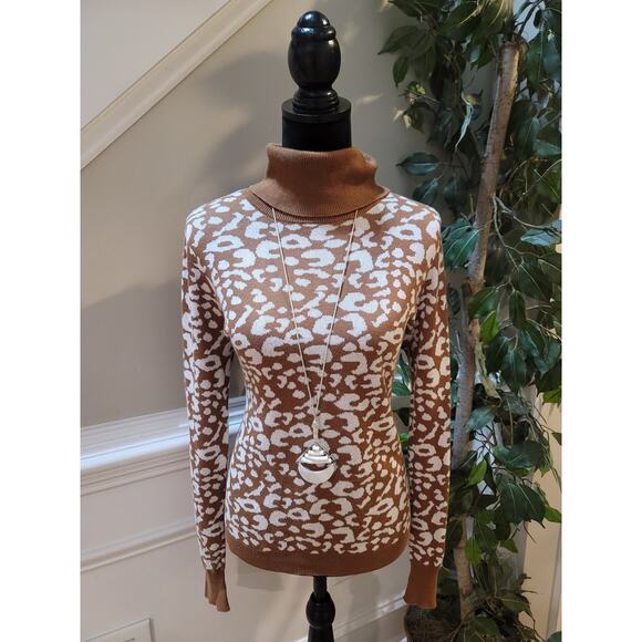 14th and Union Turtleneck Sweater Women S Brown White Leopard Print Long Sleeve - Picture 1 of 9